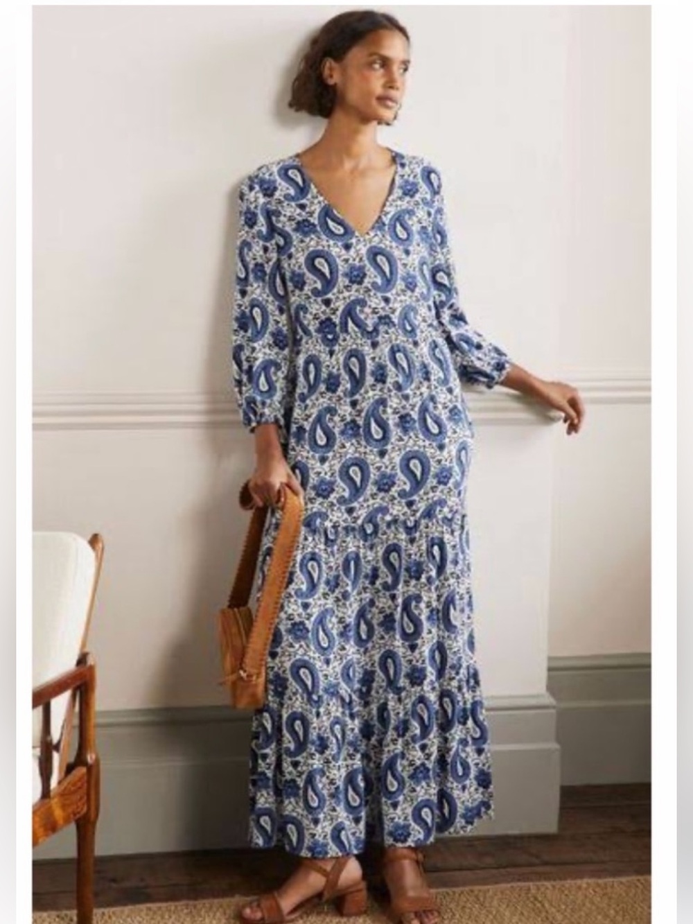 Boden Enchanting Paisley Tiered Maxi Dress 10P Blue White Blouson Sleeve